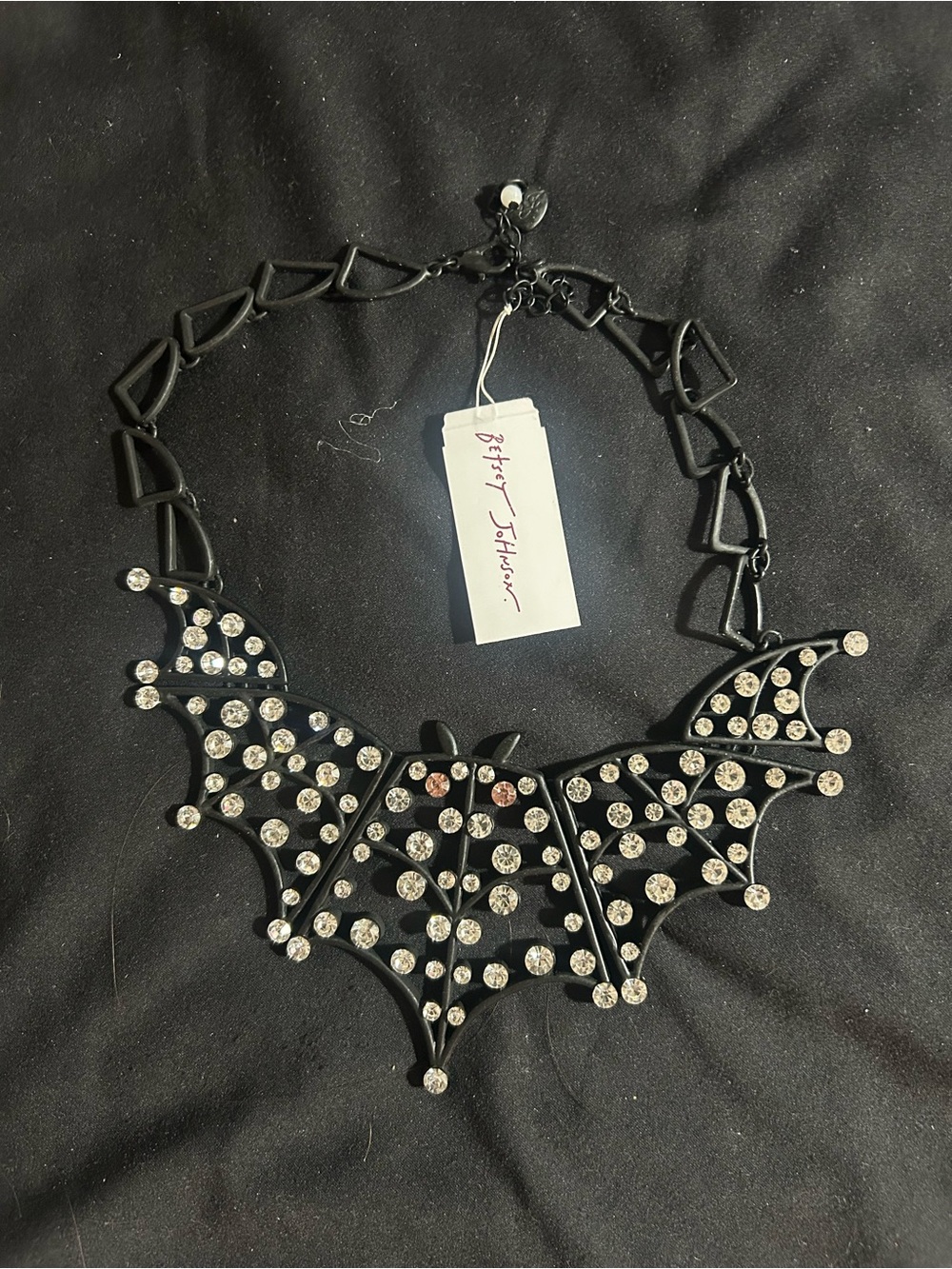 Betsey Johnson Black Bat Statement Necklace with Clear Crystals